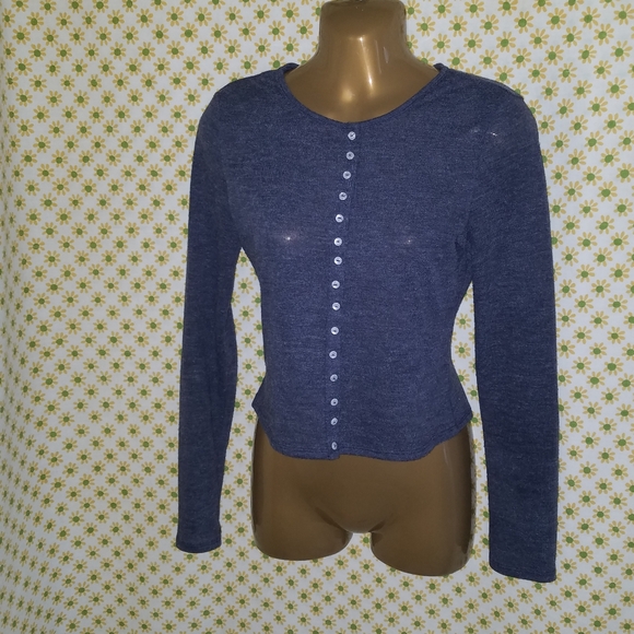 TypaGal Heather Blue Long Sleeve Henley Top Decorative Buttons Down Front - Picture 1 of 3